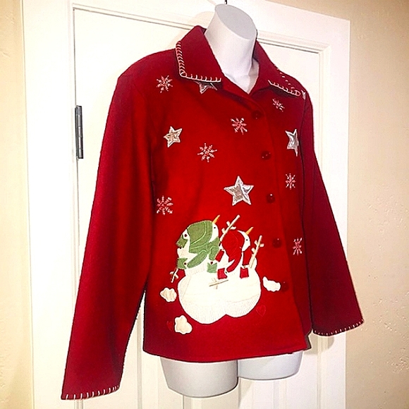 Vtg Take Two Clothing Co. Christmas Wool Embroided Patch Blazer M - Picture 5 of 15